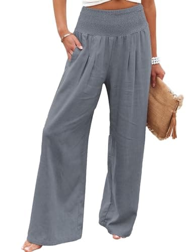 GLIENST Women's High-Waisted Smocked Linen Palazzo Pants S-2XL