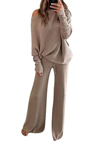 Linsery Women's One Shoulder Knit Sweater & Wide Leg Pants Set