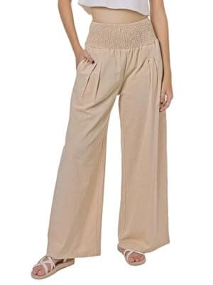 LOFBAZ Women's Summer High Waisted Boho Flowy Cotton Linen Palazzo Pants with Pockets