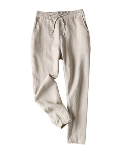 IXIMO Women's 100% Linen Tapered Pants with Drawstring Back Elastic Waist