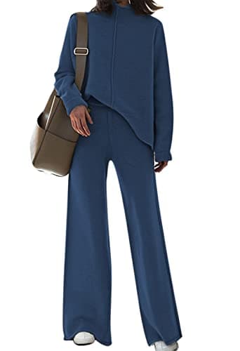 AOHITE Women's Long Sleeve Knit Top & Wide Leg Sweatpants Outfit Set