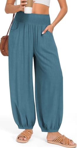 TARSE Womens Linen Wide Leg Beach Pants with Pockets