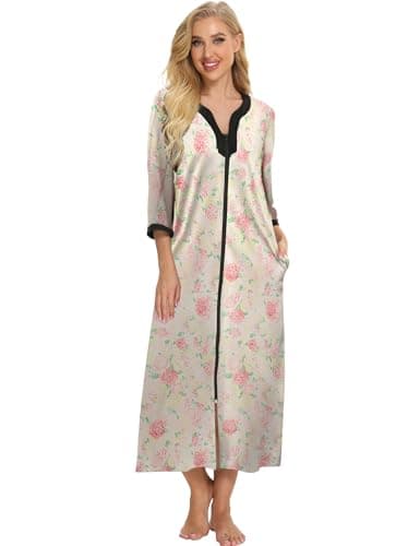 Bloggerlove Soft Cotton Zip Up Robes for Women Night Gown Long House Coat Half Sleeve Sleepwear