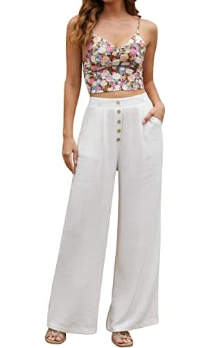 SVALIY Women's High-Waisted Flowy Cotton-Linen Palazzo Pants with Pockets
