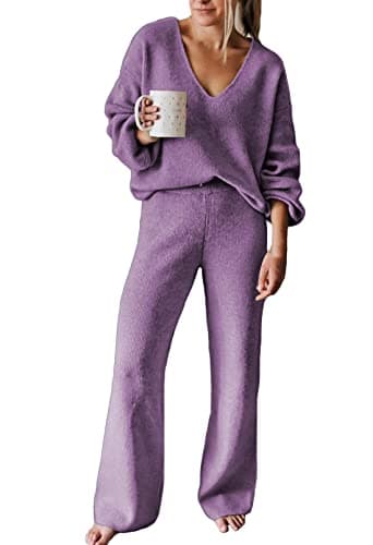 AOHITE Women's Casual V-Neck Knit Sweater Set with Wide Leg Pants