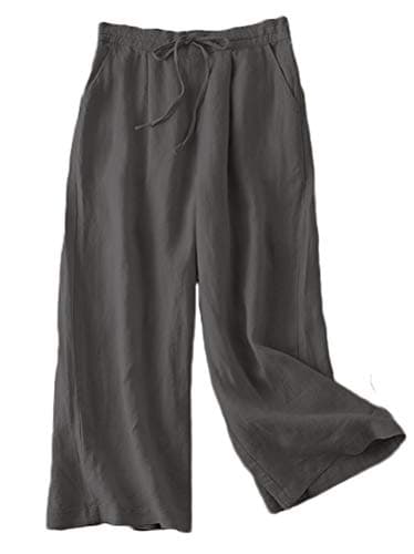 FTCayanz Women's Linen Cropped Wide Leg Pocket Pants Elastic Waist CasualPalazzo