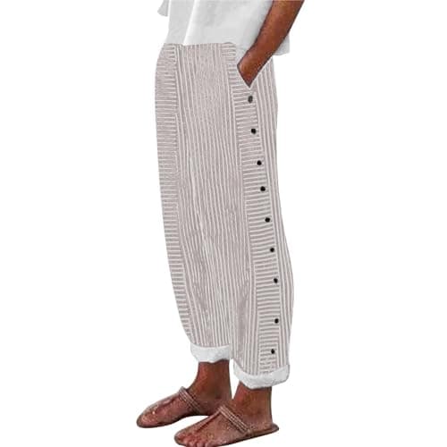 Trendy Women's Casual Linen Pants with Side Buttons and Pockets