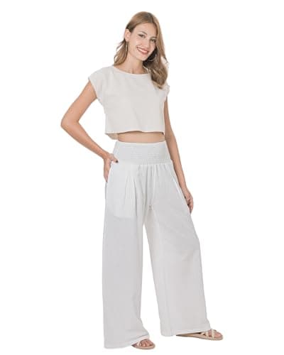 LOFBAZ Women's Summer High-Waisted Palazzo Pants Wide Leg Cotton Linen Bohoadow Pants with Pockets