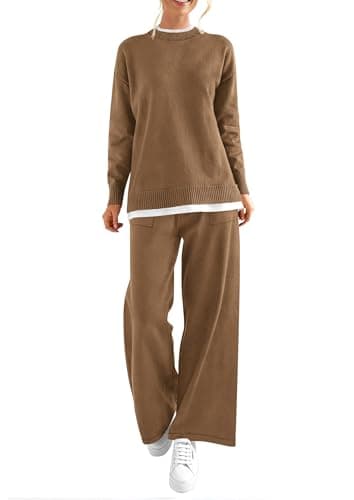 PRETTYGARDEN Women's Winter Matching Sweater Sets Knit Long Sleeve Tops Wide Leg Pants Tracksuit