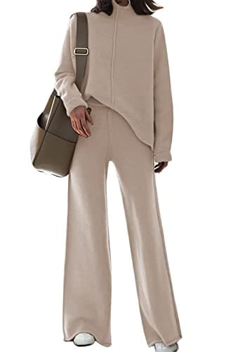 AOHITE Women's Long Sleeve Knit Top & Wide Leg Sweatpants Outfit Set