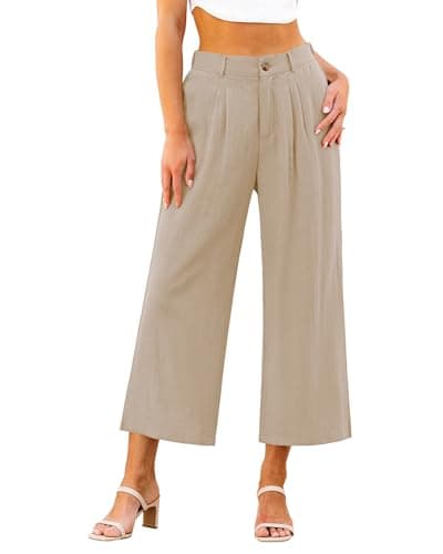 GRAPENT High-Waisted Linen Flowy Pleated Wide Leg Capri Pants