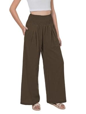 LOFBAZ Women's Summer High Waisted Boho Flowy Cotton Linen Palazzo Pants with Pockets