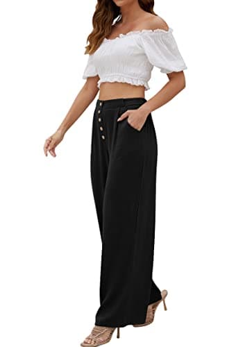 SVALIY Women's High-Waisted Flowy Cotton-Linen Palazzo Pants with Pockets