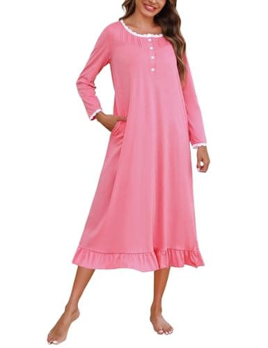 Marvmys Womens Long Sleeve Cotton Nightgown with Lace Trim and Pockets