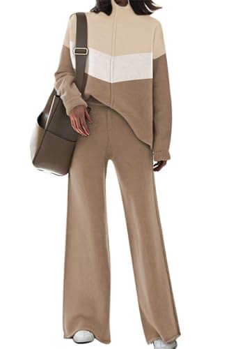 AOHITE Women's Long Sleeve Knit Top & Wide Leg Sweatpants Outfit Set