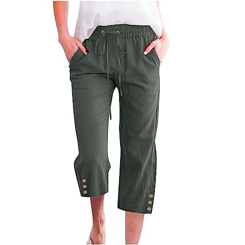 Nantdog Women's High-Waisted Drawstring Linen Capri Trousers
