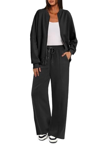 Womens Long Sleeve ZipUp Sweatshirt & Wide Leg Sweatpants Matching Set