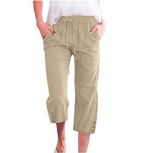 Nantdog Women's High-Waisted Drawstring Linen Capri Trousers