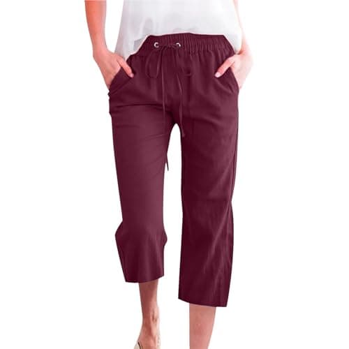 Nantdog Women's High-Waisted Drawstring Linen Capri Trousers
