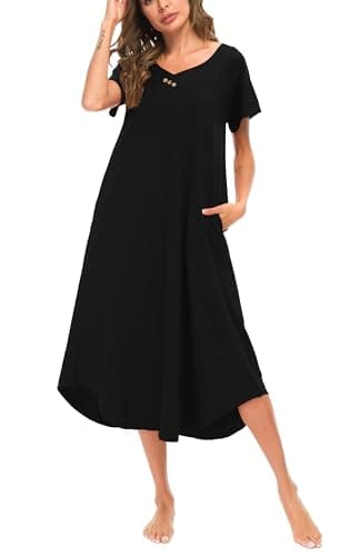 YOZLY Soft V-Neck Short Sleeve Nightgowns for Women with Pockets