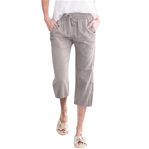 Nantdog Women's High-Waisted Drawstring Linen Capri Trousers