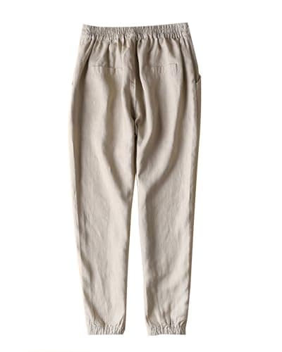 IXIMO Women's 100% Linen Tapered Pants with Drawstring Back Elastic Waist