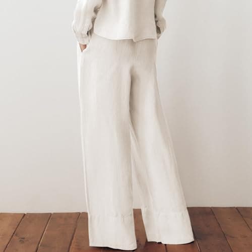 Ainangua Women's Linen Palazzo Pants with Elastic Drawstring Waist