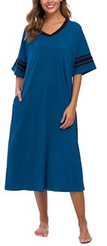Vslarh Women's Soft V-Neck Knit Nightgown with Pockets S-XXL