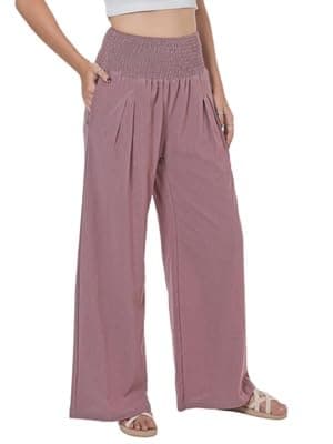 LOFBAZ Women's Summer High Waisted Boho Flowy Cotton Linen Palazzo Pants with Pockets