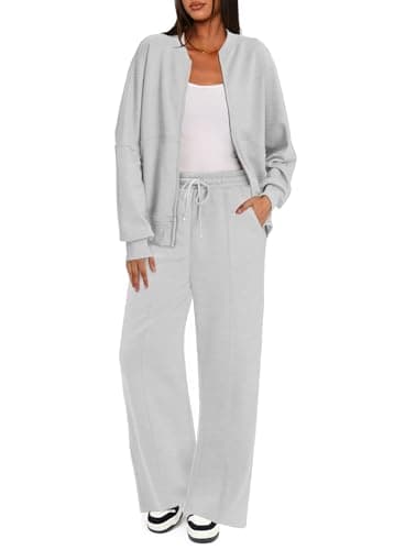 Womens Long Sleeve ZipUp Sweatshirt & Wide Leg Sweatpants Matching Set