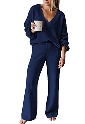 AOHITE Women's Casual V-Neck Knit Sweater Set with Wide Leg Pants
