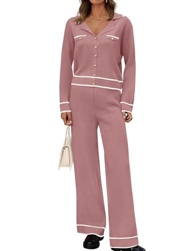 ZESICA Women's Fall Long Sleeve Knit Set V-Neck Sweater & Wide Leg Pants