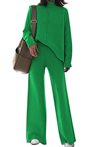 Fixmatti Women's Knit Sweatsuit with Turtleneck Top and Wide Leg Pants