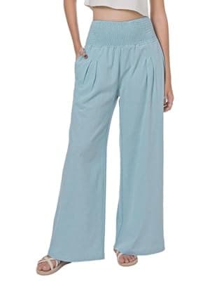 LOFBAZ Women's Summer High Waisted Boho Flowy Cotton Linen Palazzo Pants with Pockets