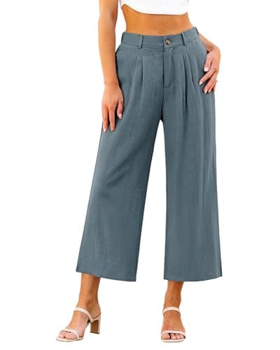 GRAPENT High-Waisted Linen Flowy Pleated Wide Leg Capri Pants