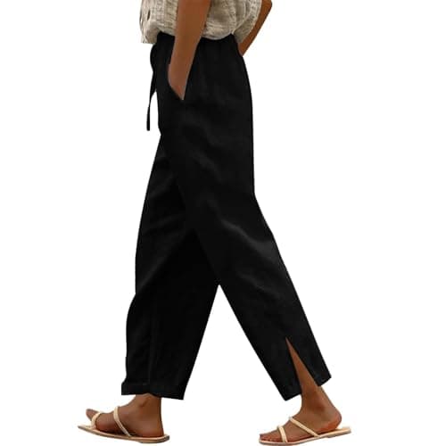 High Waisted Elastic Drawstring Linen Pants for Women Beach Casual Wide Leg Pockets