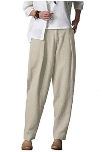 Minibee Women's Casual Linen Tapered Pants with Pockets Elastic Waist