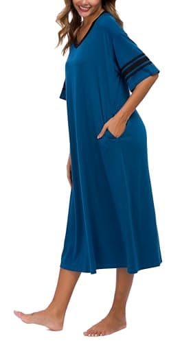 Vslarh Women's Soft V-Neck Knit Nightgown with Pockets S-XXL