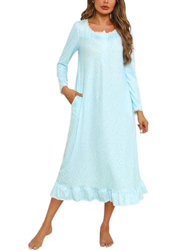 Marvmys Womens Long Sleeve Cotton Nightgown with Lace Trim and Pockets