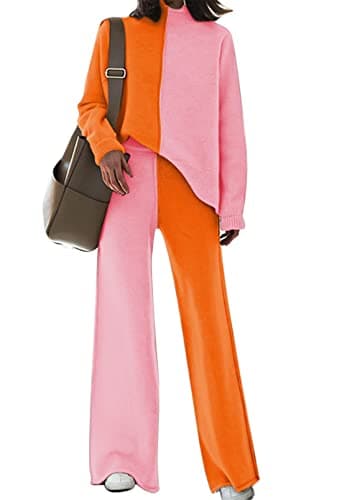 Fixmatti Women's Knit Sweatsuit with Turtleneck Top and Wide Leg Pants