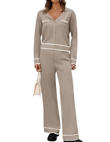 ZESICA Women's Fall Long Sleeve Knit Set V-Neck Sweater & Wide Leg Pants