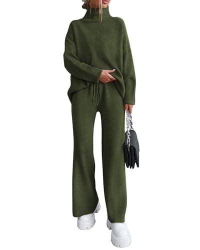 Dowerme Women's High Neck Chunky Knit SetWide Leg Pant Loungeewear Set