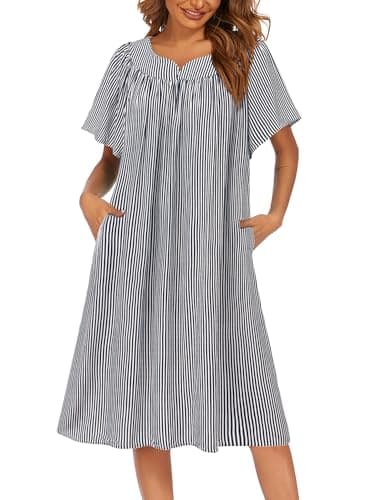 Ekouaer Womens Flower Print Nightgown Short Sleeve House Dress with Pockets