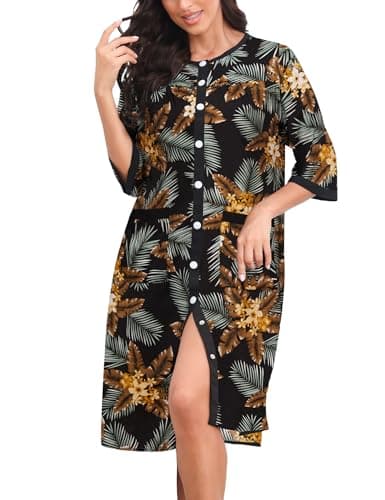 Bloggerlove Women House Dress Snap Front Nightgown 3/4 Sleeve Housecoat Duster Robe with Pockets Moomoo Patio Dress