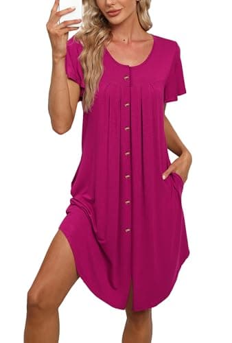 BestShow Women's Button Down Nightgown with Pleated Front & Hand Pockets