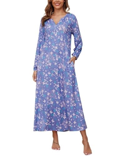 Marvmys Women's Cotton Long Sleeve Nightgown with Pockets