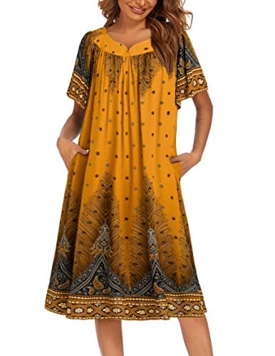 Ekouaer Womens Flower Print Nightgown Short Sleeve House Dress with Pockets