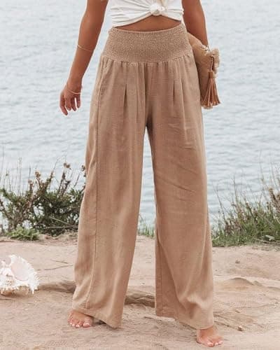 GLIENST Women's High-Waisted Smocked Linen Palazzo Pants S-2XL
