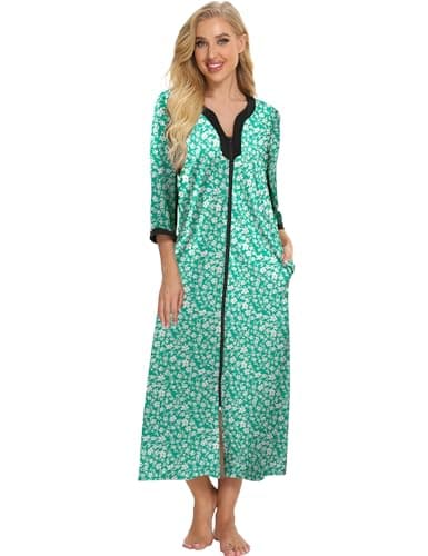 Bloggerlove Soft Cotton Zip Up Robes for Women Night Gown Long House Coat Half Sleeve Sleepwear