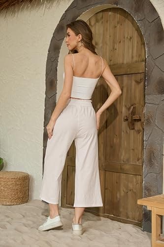Womens Wide Leg Linen Pants High Waisted Drawstring Beach Leisurepants with Pockets